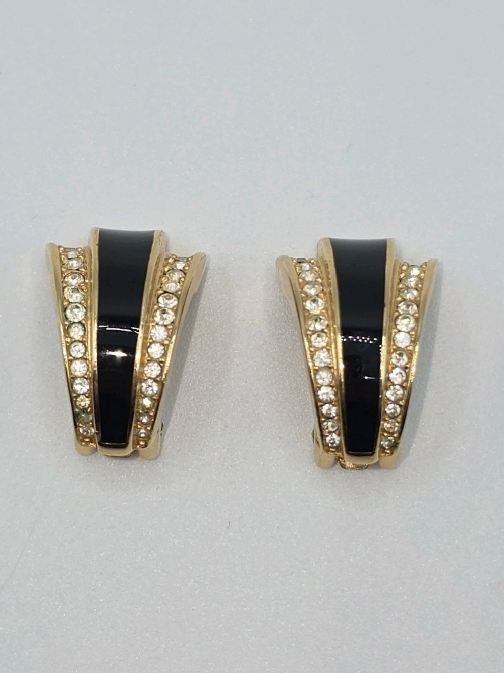 VTG Dior Gold Tone Black Enamel Rhinestone Clip Earrings Half Hoop Signed - Picture 3 of 16